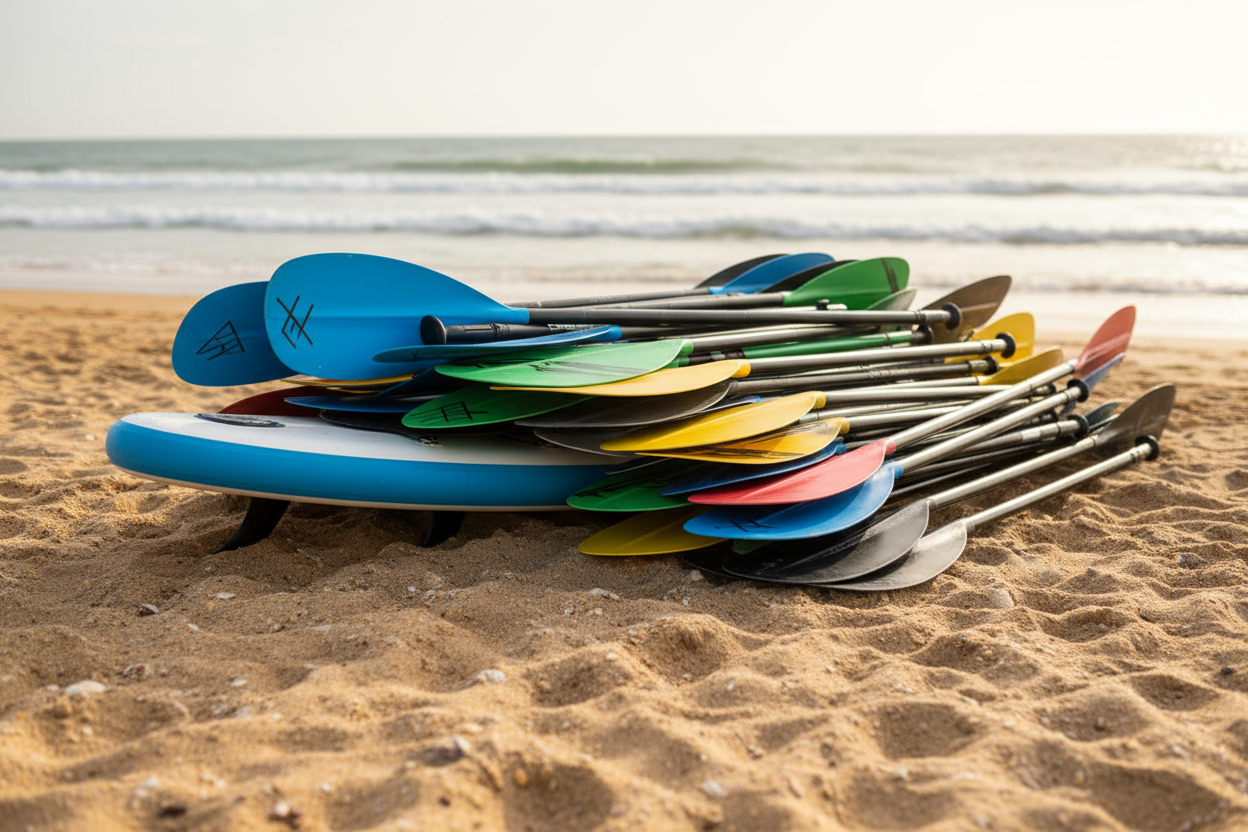 Create an image of a stack of paddles for paddleboards and kayaks laid on a sandy beach