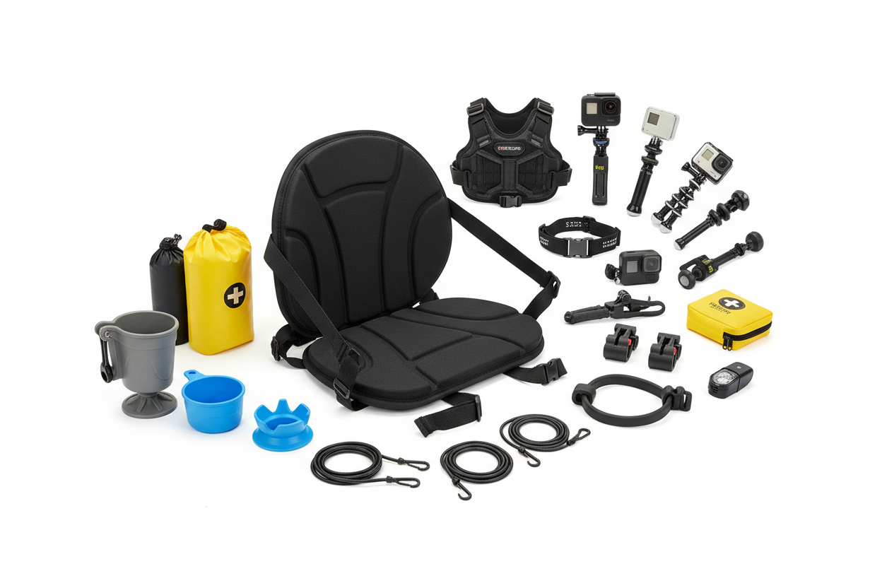 Create an image of kayak and paddle board add ons like cups, seats, gopro attachements